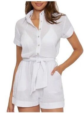 NWT BECCA Cabana Textured Button Front Romper Cover-up, White